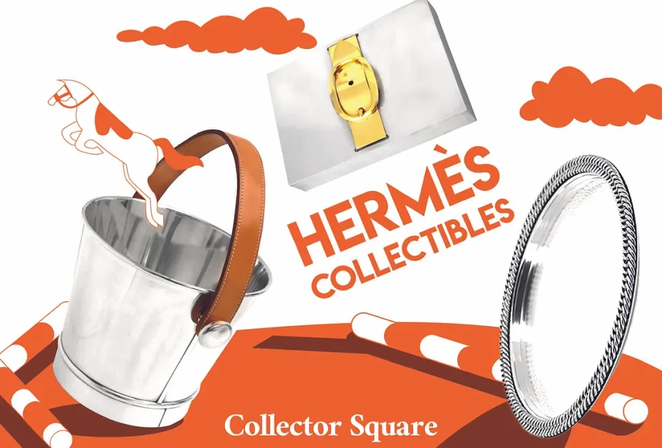Illustration « Hermès Collectibles » pour Collector Square : seau à glace, plateau en argent et cheval sur fond orange