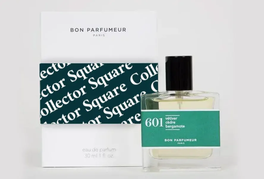 Flacon Bon Parfumeur 601 et son étui ceint d'une bande « Collector Square »