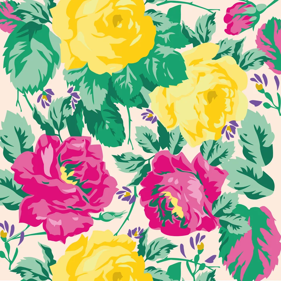 Motif floral Naf Naf : roses jaunes et roses sur fond crème