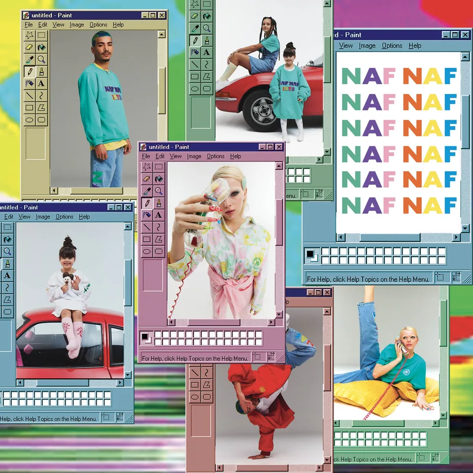 Collage de photos de campagne Naf Naf dans des fenêtres de logiciel de dessin rétro