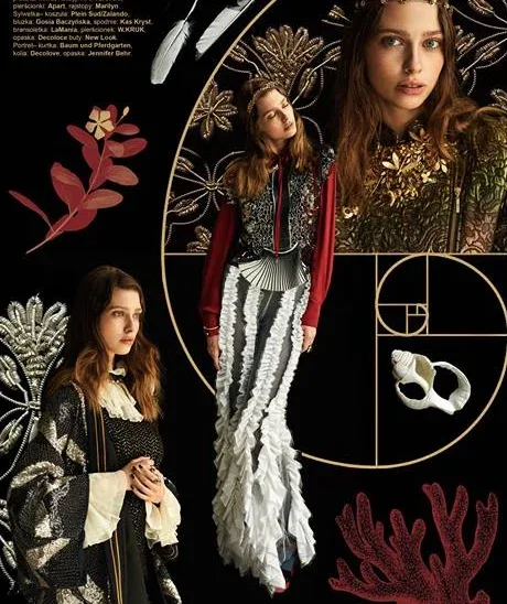 Éditorial de mode sur fond noir : mannequins, spirale dorée, coquillage et corail