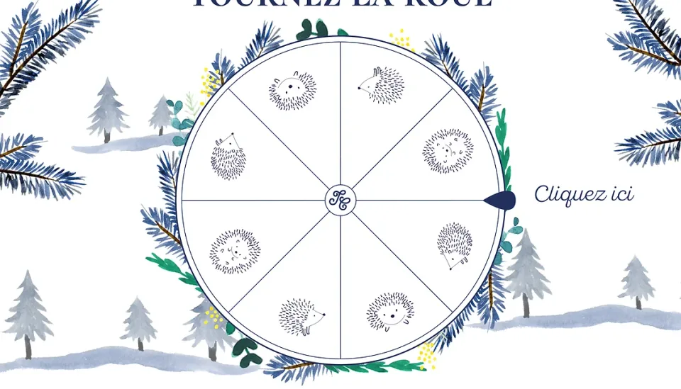 Jeu « Tournez la roue » : roue illustrée de hérissons entre des sapins