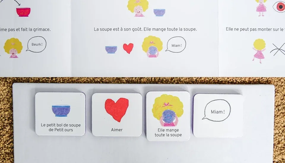 Cartes pictogrammes de « Boucle d'or et les trois ours » : bol de soupe, cœur, « Miam ! »