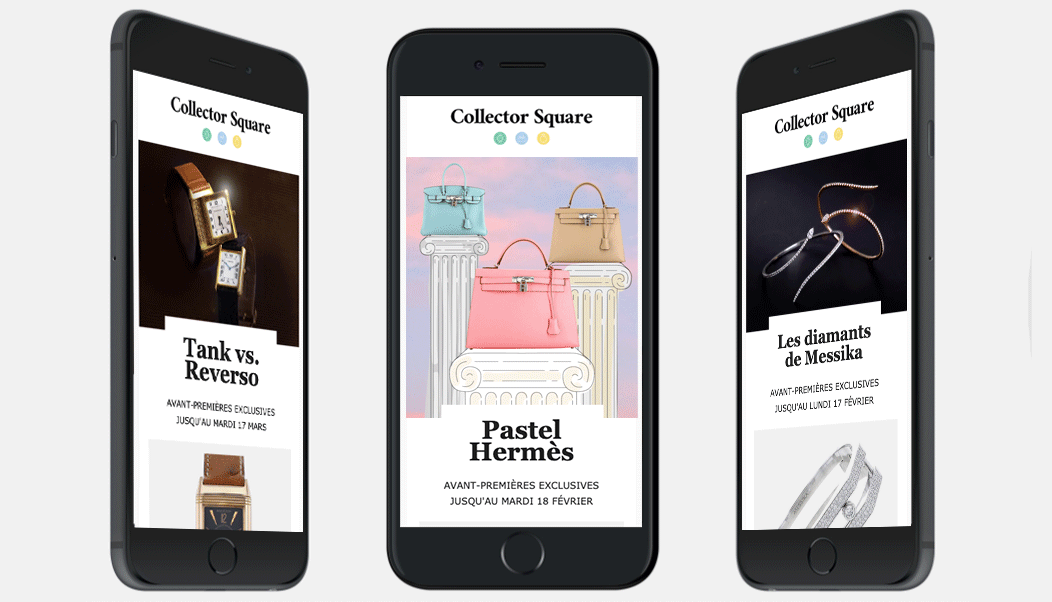 Trois newsletters Collector Square sur mobile : Tank vs. Reverso, Pastel Hermès, les diamants de Messika